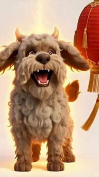 authentic human lifestyle concept Funny 3D Animated Mythical Horned Dog with a Chinese Lantern for Lunar New Year modern commercial stock usage