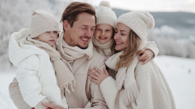 A smiling family of four - parents holding two small children - dressed in trendy 2026 color "Cloud Dancer" outfits during a winter walk in a snowy landscape.