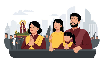 This flat design illustrates a family in Manila, dressed in traditional colors, reverently observing the Feast of the Black Nazarene procession. 