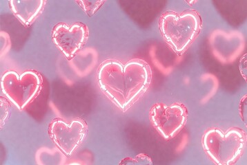 Dreamy scene with multiple luminous pink glass heart shapes on a diffused lavender background