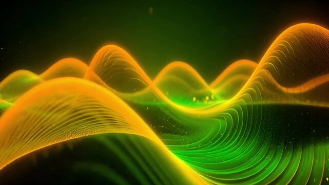 Glowing green and yellow energy waves with particles creating dynamic abstract landscape