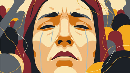 A powerful flat design close-up capturing the raw emotion and deep devotion on a devotee's face during the Feast of the Black Nazarene in Manila. It reflects the intense personal experience of faith a