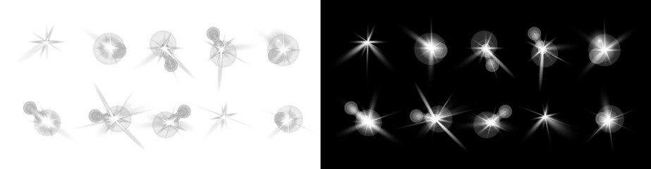 White lens flare star light effect collection with soft glare and radial streaks isolated on...