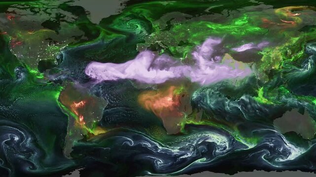 Equirectangular projection time lapse of aerosols on Earth. Climate change global warming concept animation with sea salt, dust, smoke from fires and sulfates. Elements of this images furnished by NAS