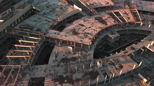 High-angle drone of an abandoned circular construction: unfinished concrete skeleton, exposed columns, debris and puddles, with long golden-hour shadows&mdash;gritty urban-decay b-roll for editorial