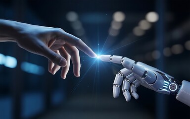Human hand touching a robot hand, symbolizing artificial intelligence and futuristic connection
