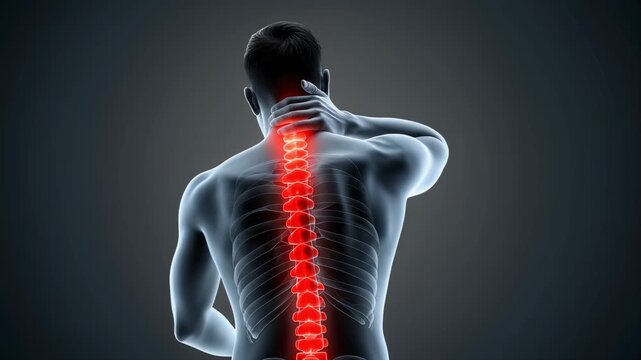 Human Anatomy Skeleton Back View Spine Pain Illustration Glowing Red During Neck and Upper Back Movement