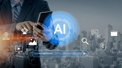 Entrepreneur Using Smartphone with AI Interface and Digital Elements Over Cityscape Background for Technology and Business Concepts Gluon.