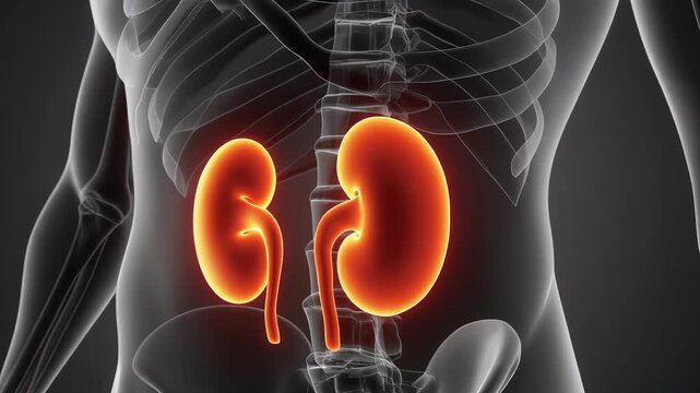 Human Anatomy Transparent Skeleton Overlay with Glowing Red Kidneys Highlighting the Urinary System Function and Health