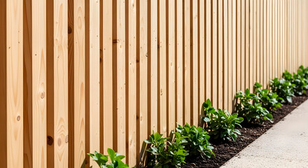 Modern wooden fence with vertical slats outdoor. Backyard landscaping and architectural design element