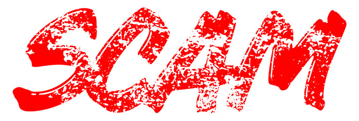 Scam red grunge rubber stamp with distressed effect isolated on transparent background