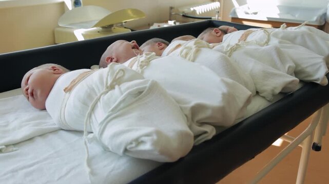One infant crying in a group of newborn babies on hospital bassinet in maternity ward