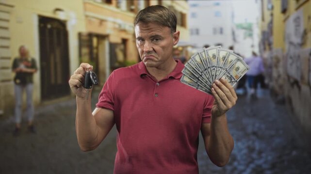 Man frowning while holding car keys in one hand and fanning us dollar bills with the other on a narrow cobblestone street lined with old buildings; financial regret.