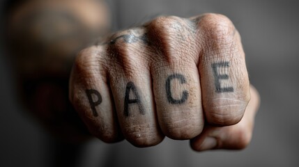 Poing ferm&eacute; avec les lettres PACE tatou&eacute;es sur les phalanges