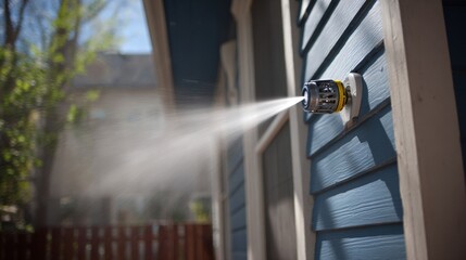 Precision pressure washing device with rotating nozzle spraying water on blue siding of a house for cleaning exterior surfaces