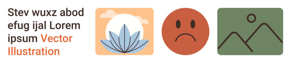 Fototapeta premium Mental health, mindfulness, emotions, environmental awareness, minimalism, visual storytelling. A lotus flower, sad face mountain symbol with circle. Mindfulness and emotions conceptual design