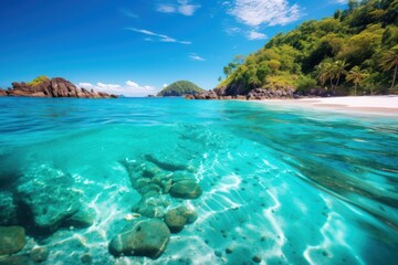 Fototapeta premium Idyllic tropical beach showcasing clear turquoise water and lush green island landscape under blue sky