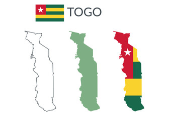 Togo geographical borders isolated on white background. Flag of Togo. Vector flat cliparts.