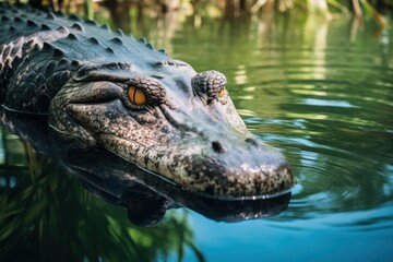 Obraz premium Alligator's eyes peering above the water, lurking in a natural swamp environment