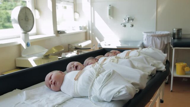 Group of newborn babies on hospital bassinet in maternity ward