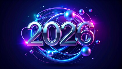 Vibrant neon 2026 design with glowing blue and pink hues
