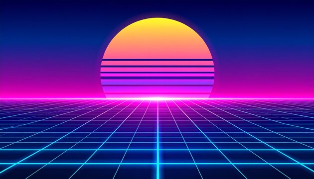 Vibrant neon sunset over futuristic grid landscape with pink and blue hues - Powered by Adobe