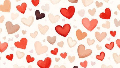Colorful heart shapes seamless pattern with red and beige tones, creating warm and loving atmosphere for romantic or festive designs