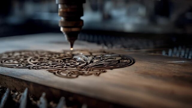 Dynamic medium shot of precision laser etching on natural wood with visible sparks highlighting craftsmanship and advanced timber design techniques.