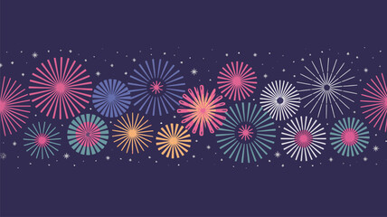 Fototapeta premium Vibrant stylized fireworks explode in a continuous festive pattern across a dark deep purple background with tiny stars