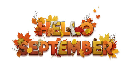 Hello September Autumn Typography Isolated on White