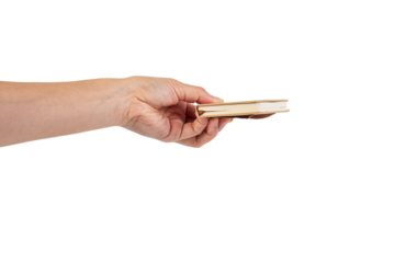 A small brown notebook in hand against a transparent background.