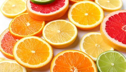 Fototapeta premium The background image features fresh citrus fruits, including juicy oranges, lemons, and limes