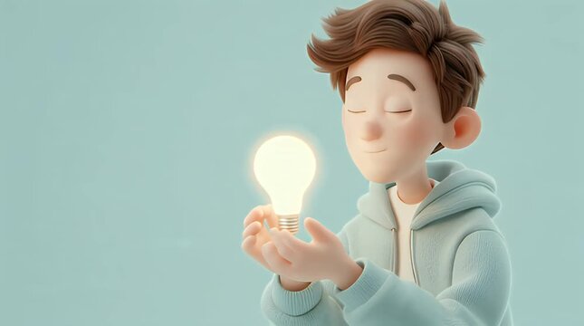 3D Cartoon Man Holding Glowing Lightbulb in Hands