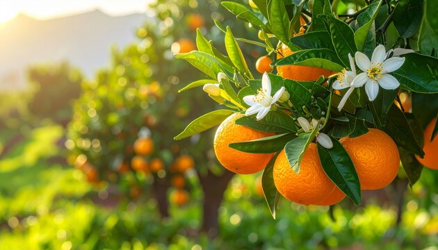 Fresh, ripe oranges and sweet, juicy mandarins hang amidst the lush green leaves of tropical orange trees