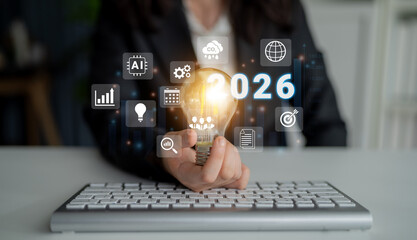 Digital icons, analytics symbols, and glowing number 2026 representing business goals, innovation, and market growth Parse