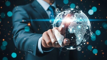 businessman touching global network with currency symbols around