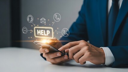 Businessman using smartphone with help icons floating above screen