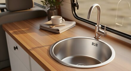 Close up of a modern stainless steel kitchen sink and faucet in a camper van with warm natural light for van life concept and travel lifestyle