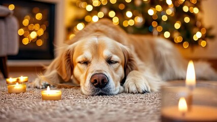 A golden retriever relaxes near a warm fire surrounded by candles and holiday decorations, creating a cozy atmosphere