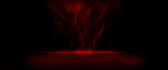 Dramatic dark room stage with textured red cement floor and ethereal red smoke rising into the shadows. Ideal for mysterious product displays, gaming backgrounds or cinematic backdrops