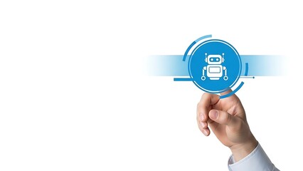 Hand interacting with a robot icon on a blue circle