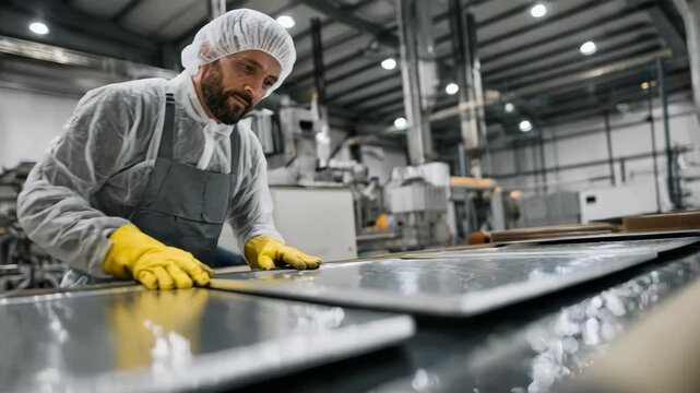 Industrial worker applying foodsafe tin plating on metal sheets in a clean manufacturing environment ensuring corrosion resistance and safety for food packaging