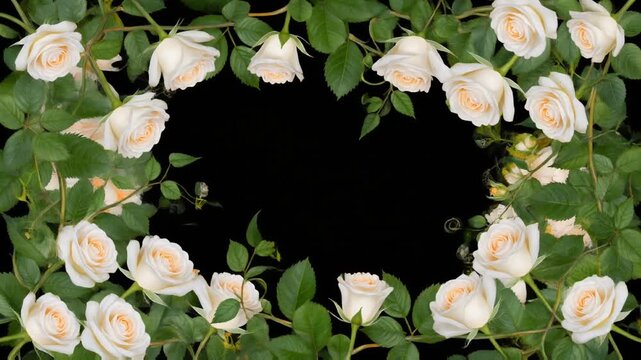 Elegant white roses bloom and grow forming a perfect floral frame.