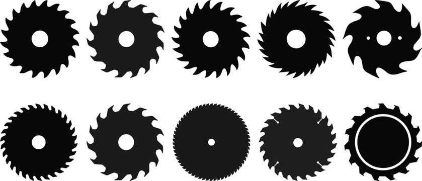 Icon sheet of various buzz saw blades. Silhouettes of circular saw blades with varying number of teeth isolated on a white background. Vector illustration.