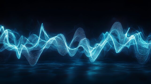 An artistic portrayal of a soundwave in motion set against a dark, moody background. This image captures the essence of music as bright blue neon lines dance across the canvas, emanating energy and