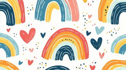 Develop a seamless pattern filled with the enchanting simplicity of hand-drawn rainbows paired with the charming allure of scattered hearts, all set against a clean white background. The rainbows,
