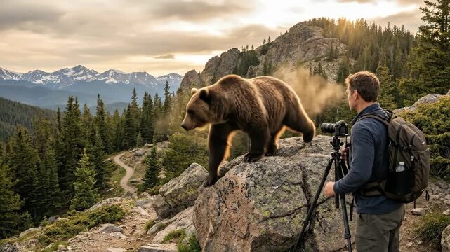 Photographer with a backpack setting up a tripod and camera, capturing a wild grizzly bear standing on rocks in a scenic mountain landscape with pine forest and a winding trail