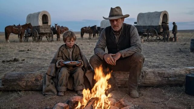 Pioneers &mdash; man and young boy share a simple meal by a crackling campfire beside their covered wagon at dusk, resting on the open prairie during westward journey