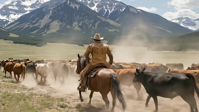 Cowboy riding a horse, herding cattle across a dusty plain with a backdrop of snow-capped mountains, embodying the resilience and tradition of western ranching