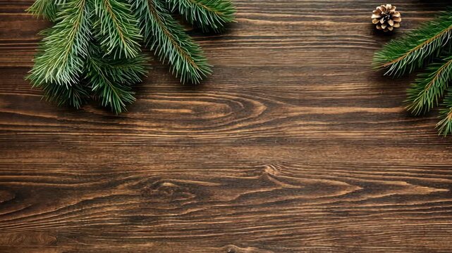 Pine branches and golden ornaments are arranged beautifully on a wooden table, setting a cozy holiday mood